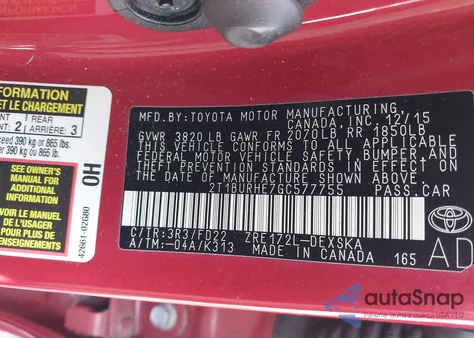 2016 Toyota Corolla S Plus from USA, damaged, VIN 2T1BURHE7GC577755